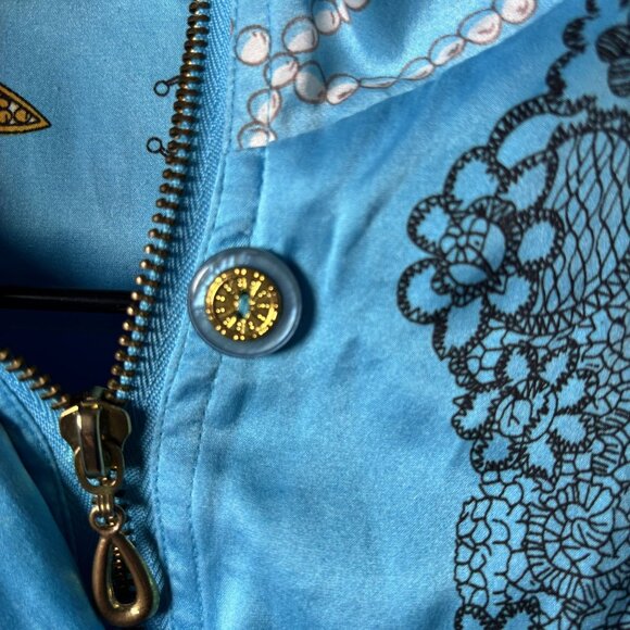 Vintage Blue 100% Silk Butterfly & Dragonfly Print Jacket Full Zip - Picture 6 of 11